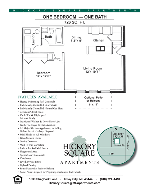 Floor plan for 1 bed, 1 bath, 726 sqft